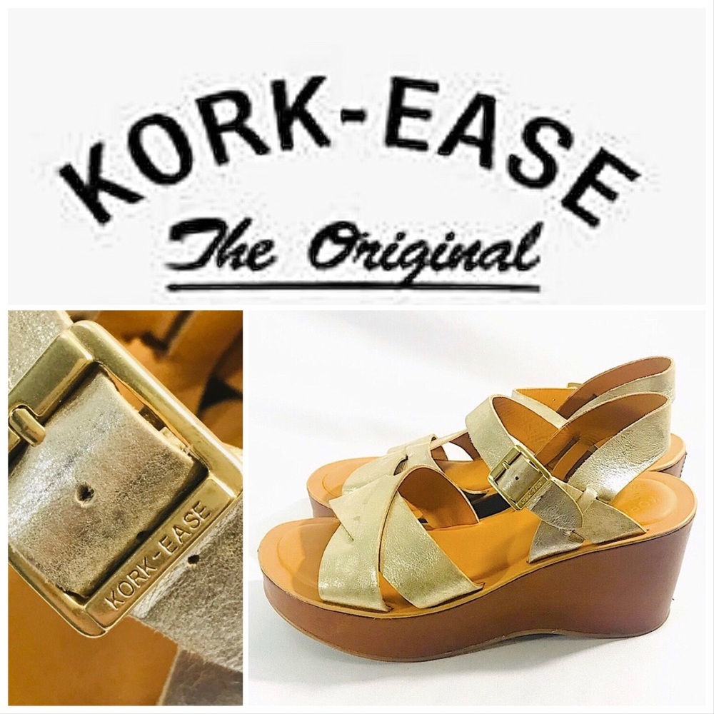 KORK EASE Gold Metallic Wide strap tan Platforms 9